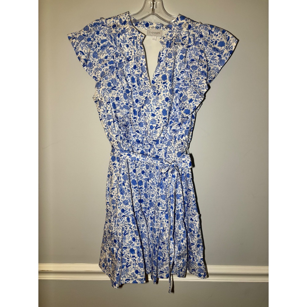 Sugarlips Floral Toile Mini Dress Women Medium Blue White V-Neck Belted Flutter
